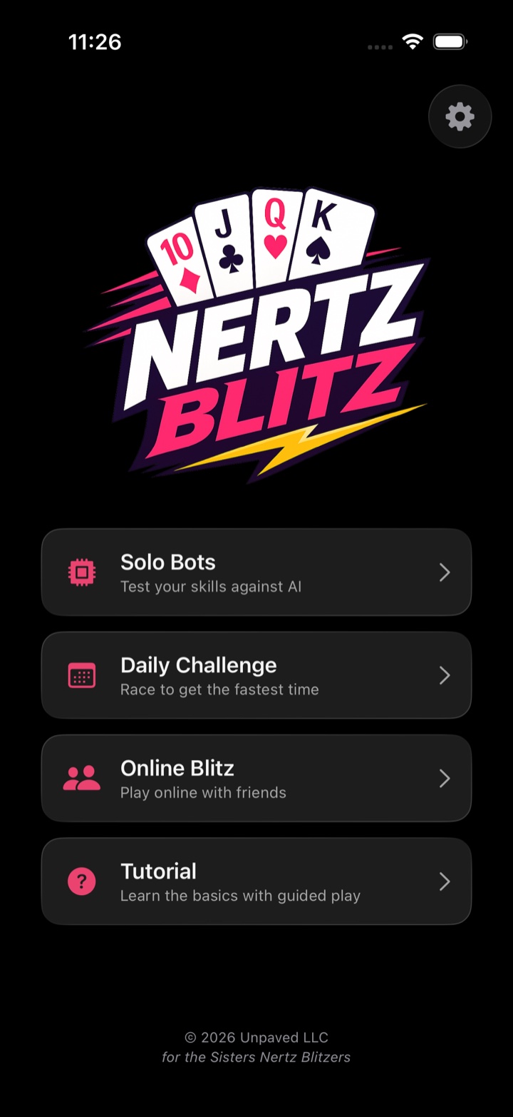 Nertz Blitz main menu: Solo Bots, Daily Challenge, Online Blitz, and Tutorial