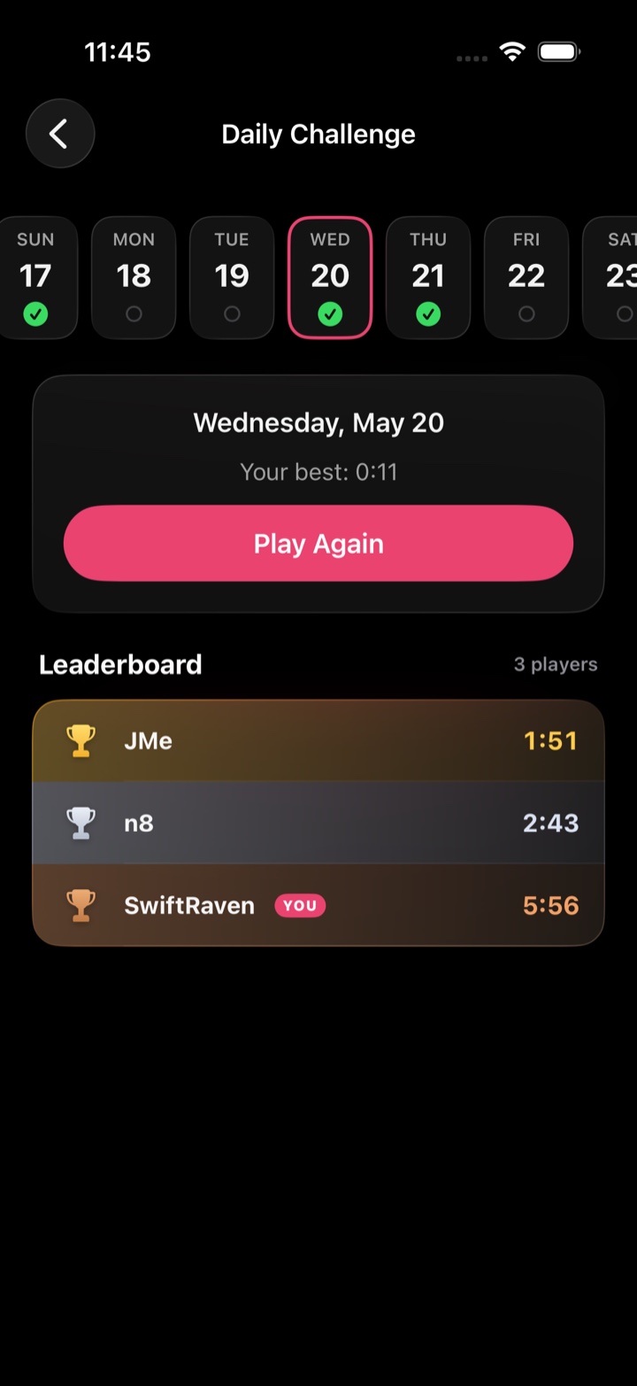 Nertz Blitz Daily Challenge with a week of results and the leaderboard