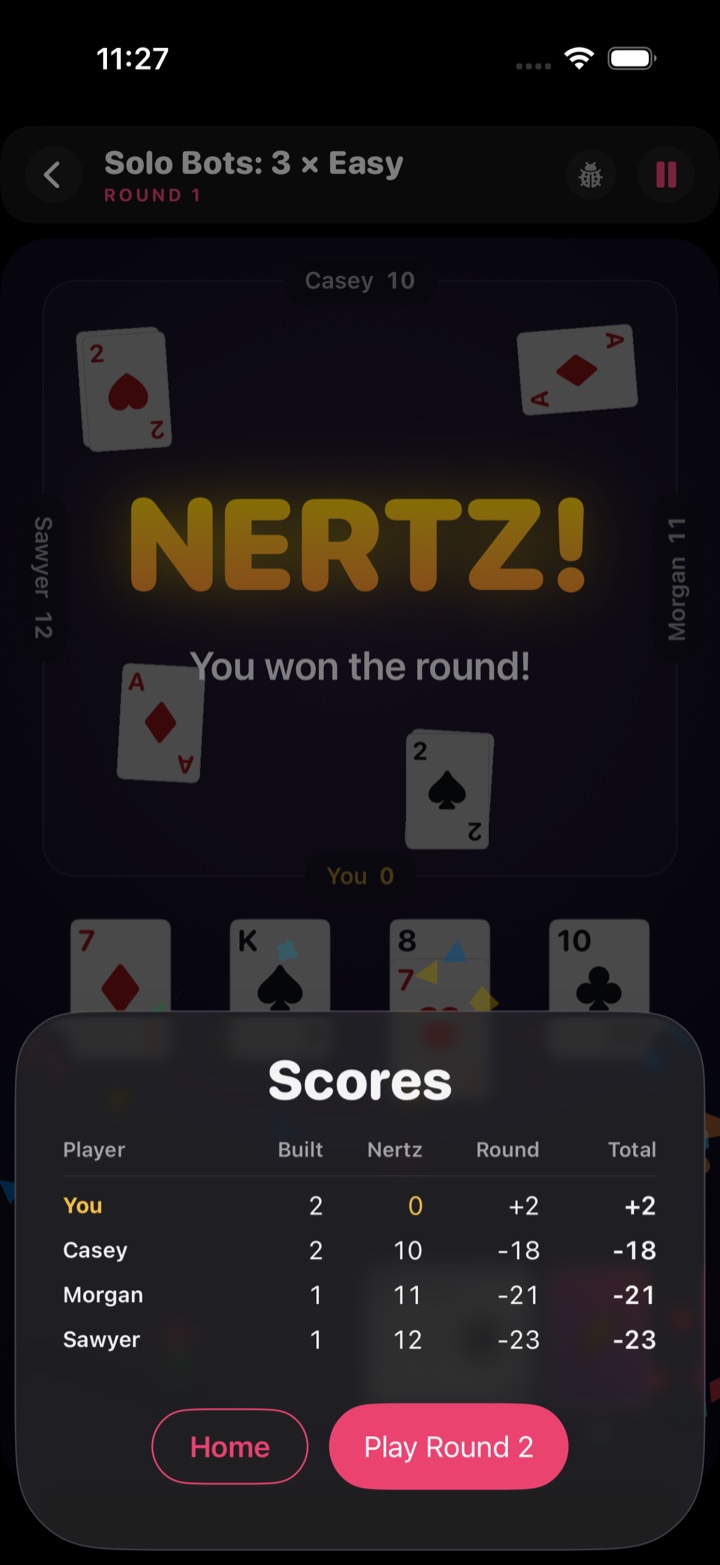 Nertz Blitz Solo Bots round won, with the round score breakdown