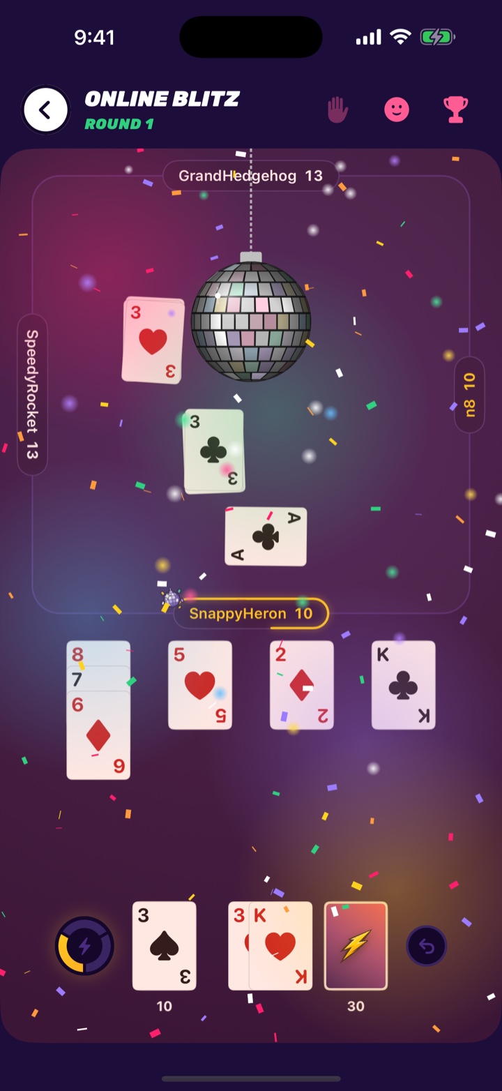 Nertz Blitz Attack Mode: a party attack with a disco ball and confetti over the board
